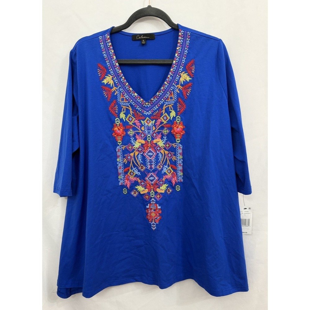 NWT Calessa Blue Embroidered Tunic 3/4 Sleeve Womens Size XL Resort Boho Stretch